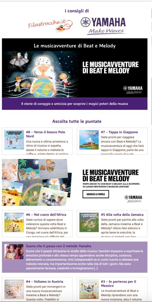 landing page sul sito di Filastrocche dedicata ai podcast di Yamaha Music per bambini